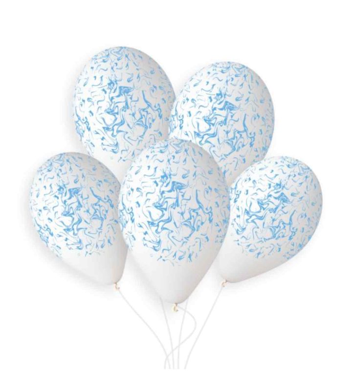 13" Gemar White w/ Blue Marble Latex Balloons 50ct