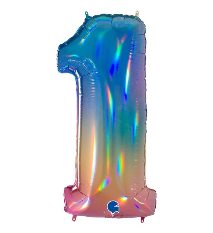 40" Grabo Rainbow Holographic Colourful Rainbow Number 1 Foil Balloon