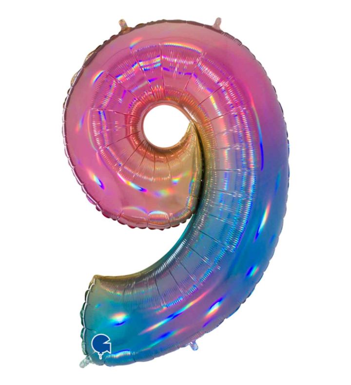 40" Grabo Rainbow Holographic Colourful Rainbow Number 9 Foil Balloon