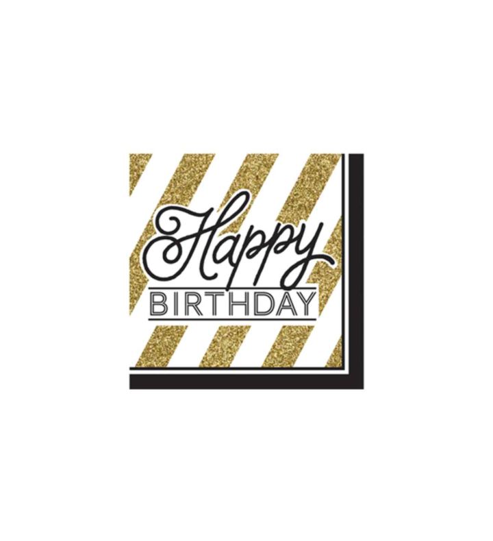 Lunch Napkins 2 ply Black And Gold Happy Birthday 16ct
