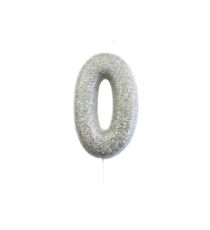 Number 0 Glitter Cake Candle Silver