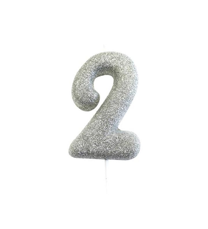 Number 2 Glitter Cake Candle Silver