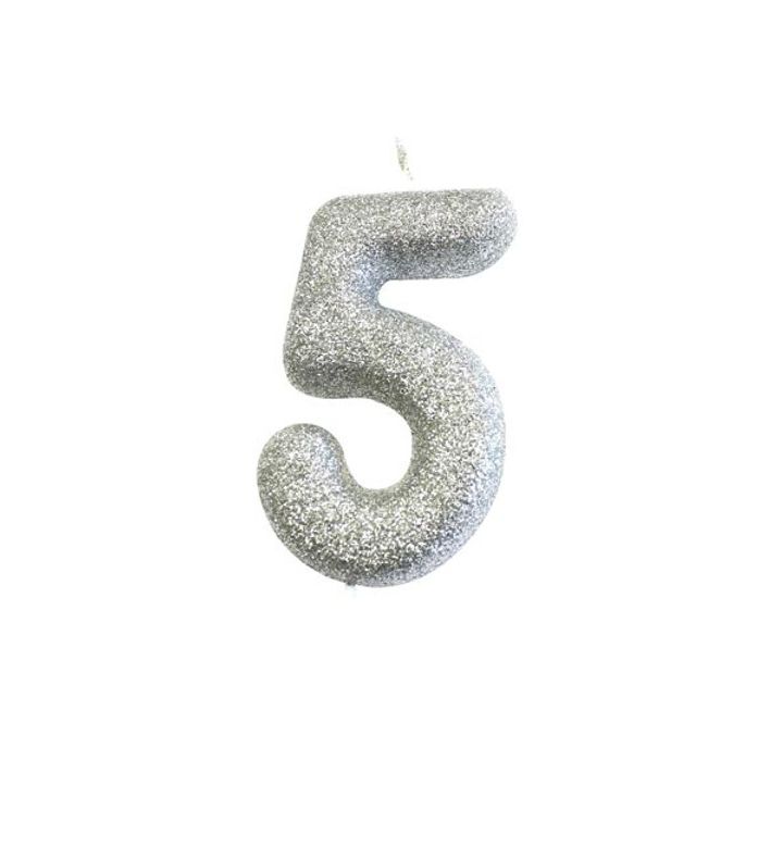 Number 5 Glitter Cake Candle Silver