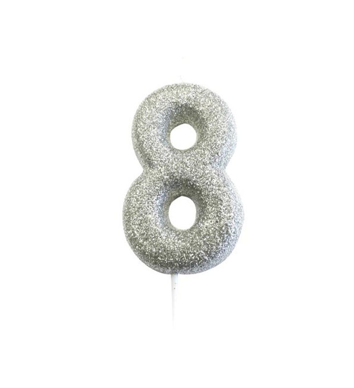 Number 8 Glitter Cake Candle Silver