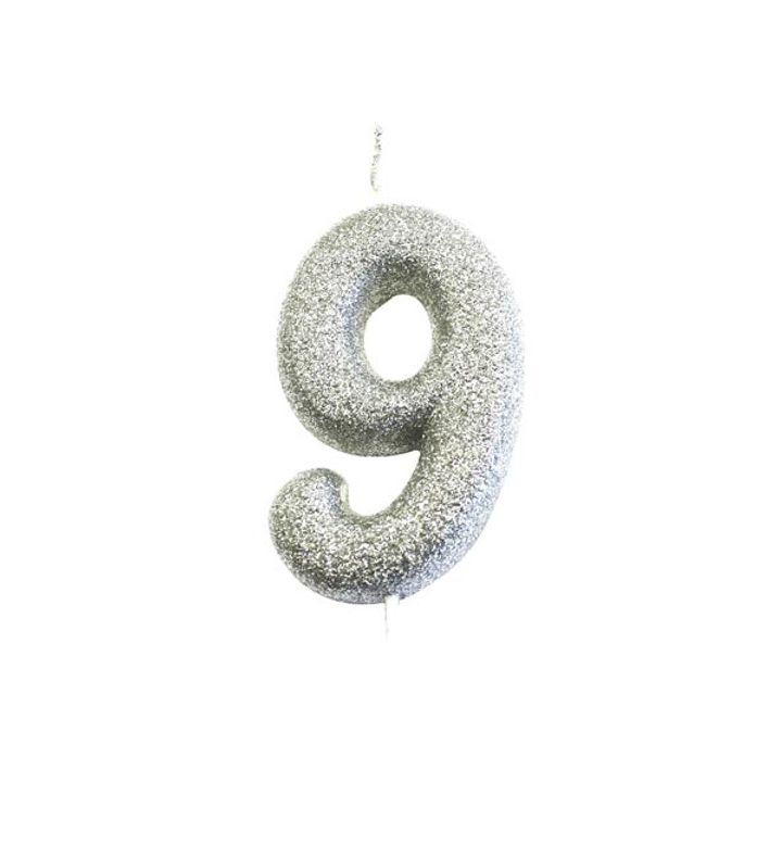 Number 9 Glitter Cake Candle Silver
