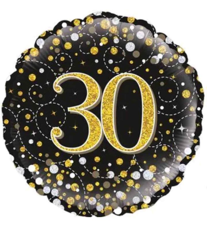 18" Oaktree Sparkling Fizz 30th Birthday Black/Gold Round Foil Balloon