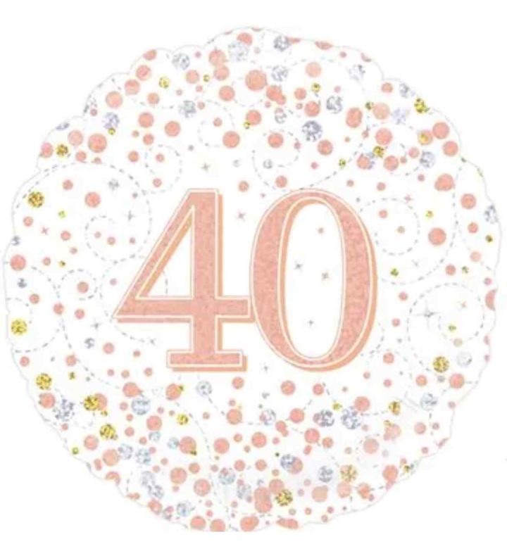 18" Oaktree Sparkling Fizz 40th Birthday White/Rose Gold Round