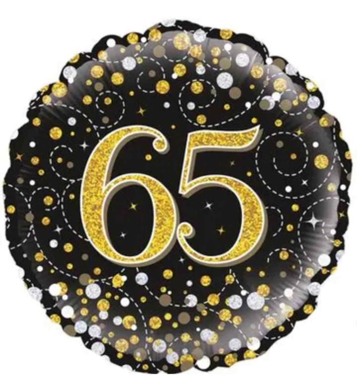 18" Oaktree Sparkling Fizz 65th Birthday Black/Gold Round