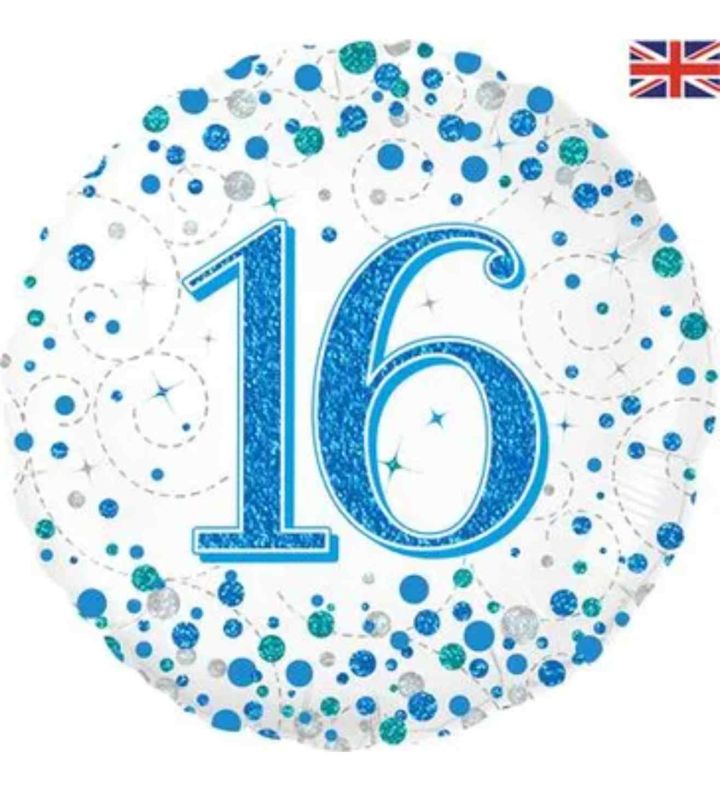 18" Oaktree Sparkling Fizz 16th Birthday White/Blue Round