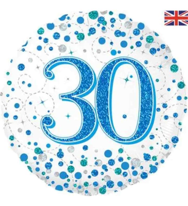 18" Oaktree Sparkling Fizz 30th Birthday White/Blue Round