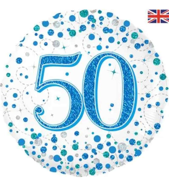 18" Oaktree Sparkling Fizz 50th Birthday White/Blue Round