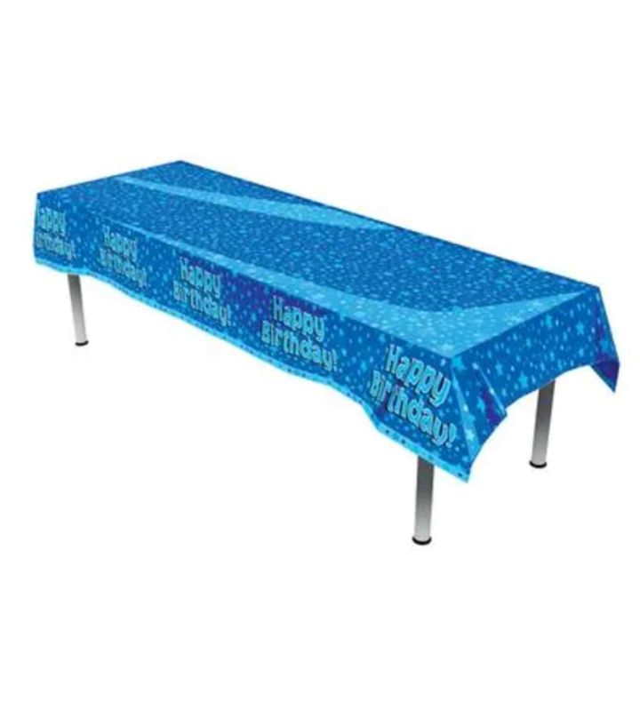 Table Cover Plastic Happy Birthday Blue Oaktree 137cm x 259cm