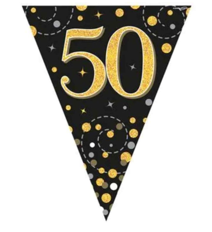 3.9m Oaktree Happy 50th Birthday Black & Gold Bunting