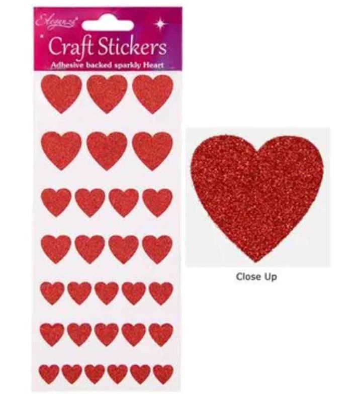 Eleganza Craft Stickers Glitter Heart Assortment Red