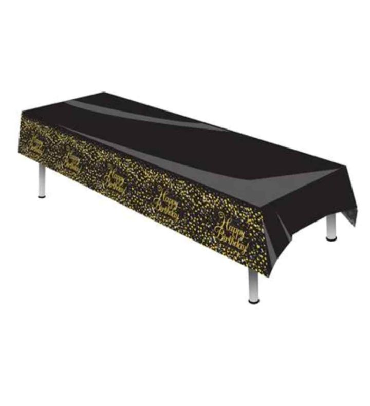Table Cover Plastic Happy Birthday Sparkling Fizz Black and Gold Oaktree 137cm x 259cm