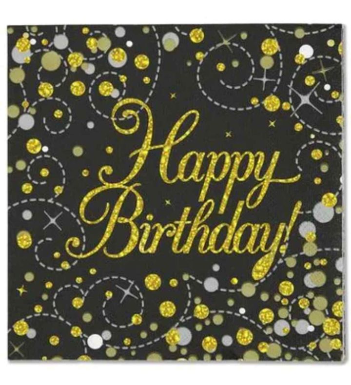 Oaktree Happy Birthday Sparkling Fizz Black & Gold Napkins