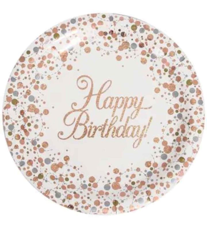 Happy Birthday Sparkling Fizz Rose Gold Party Plates 8pk