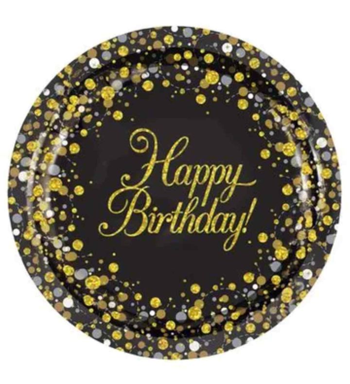 9" Paper Plates Happy Birthday Sparkling Fizz Black & Gold Oaktree 8ct