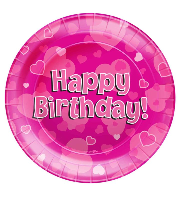 9" Paper Plates Pink Happy Birthday with Heart Design Oaktree 8ct