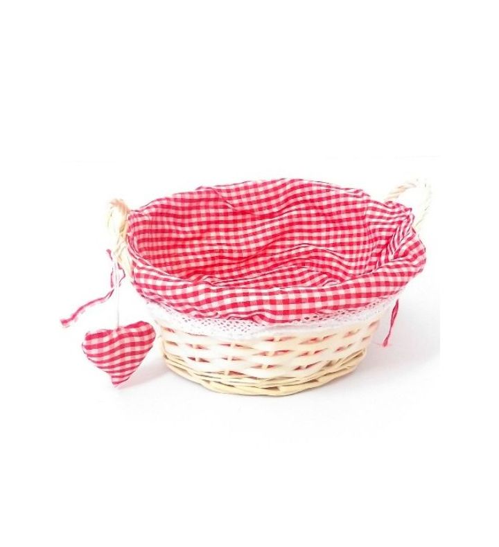 Round Eared Basket with Handles Red Gingham Cloth Lined with Red Heart 23cm