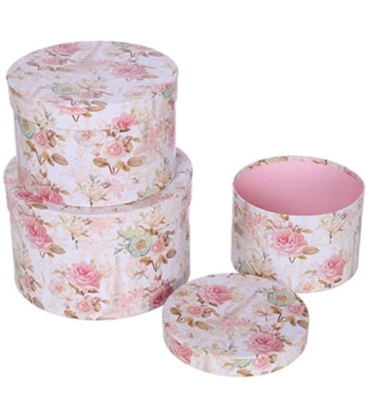 Set of 3 Round Flower Boxes w/ Floral Pattern - Vintage Pink