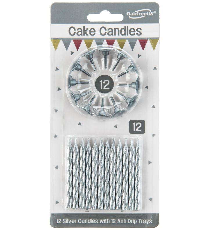 Spiral Cake Candles Metallic Silver 12 Candles and 12 Holders