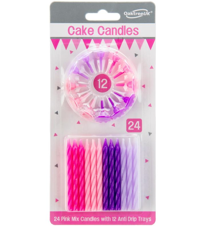 Spiral Cake Candles Pink Mix 24 Candles and 12 Holders