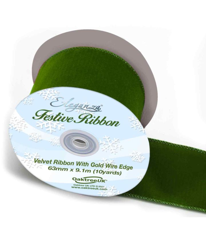 Eleganza Velvet Ribbon with Wired Edge Green 60mm x 9.1m
