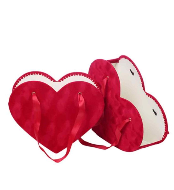 Set Of 2 Velvet Touch Heart Shaped Flower Boxes Red