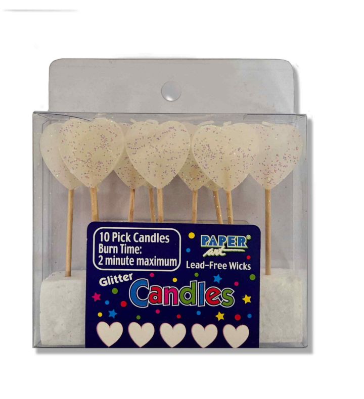 White Glitter Hearts Pick Candles