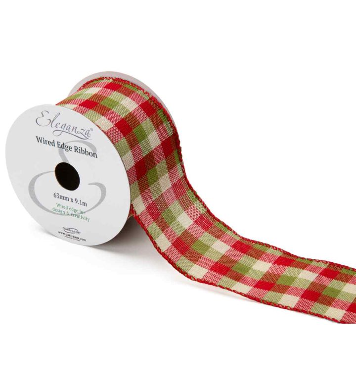 Eleganza Green and Red Chequered Wired Edge Ribbon 63mm x 10 Yards
