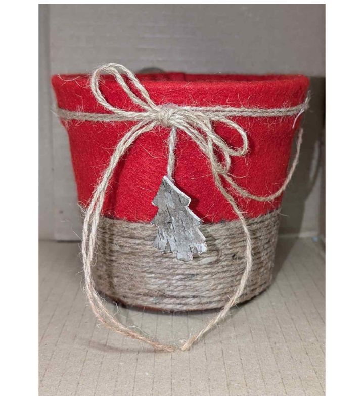 13.5cm Plastic Flower Pot With XMAS DECO Natural/Red