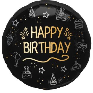 18" Happy Birthday Shinning Glam Black Round Foil Balloon