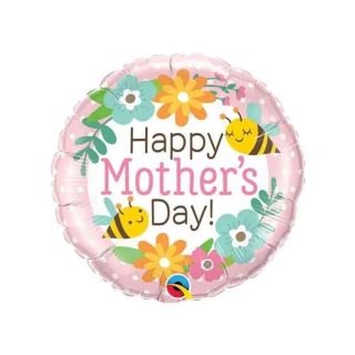 18" Happy Mother's Day Pastel Bees and Flowers Round Foil Balloon