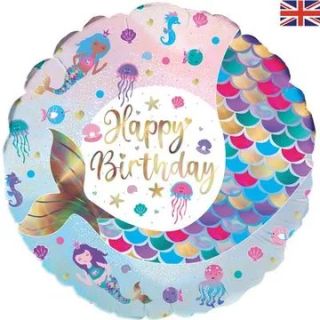 18" Oaktree Shimmering Mermaid Happy Birthday Iridescent Foil Balloon