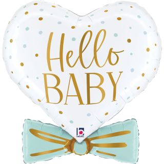 30" Hello Baby Blue Heart Bow Tie Balloon