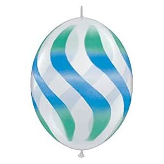 12" Wavy Stripes Quick Link Clear, Blue & Green Latex Balloons 50ct