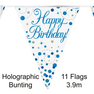 3.9m Oaktree Happy Birthday Blue Holographic Bunting