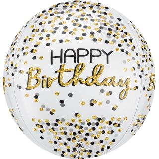 15" Happy Birthday Black Gold Orbz Foil Balloon