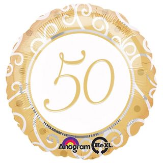 18" 50th Anniversary/Birthday Anagram Gold & White Round Foil Balloon