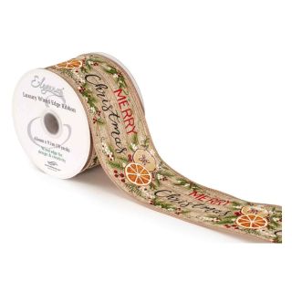 Eleganza Luxury Wired Edge Ribbon Merry Christmas Sliced Fruits No.431 63mm x 9.1m