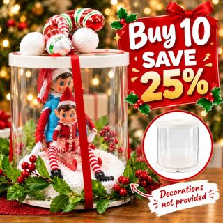 Clear Transparent Round Cake & Display Box with Lid & Base 26cm dia x 25cm high – Christmas Elf Arrival, Balloons & Gifts 10ct