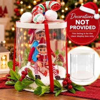 Clear Transparent Round Cake & Display Box with Lid & Base 26cm dia x 25cm high – Christmas Elf Arrival, Balloons & Gifts