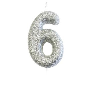 number-6-glitter-cake-candle-silver