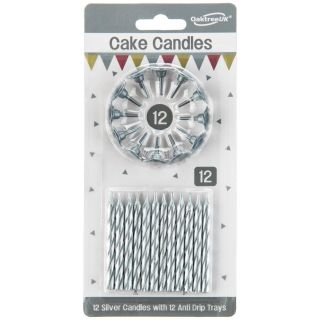 Spiral Cake Candles Metallic Silver 12 Candles and 12 Holders