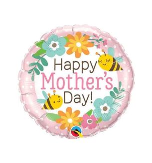18" Happy Mother's Day Pastel Bees and Flowers Round Foil Balloon
