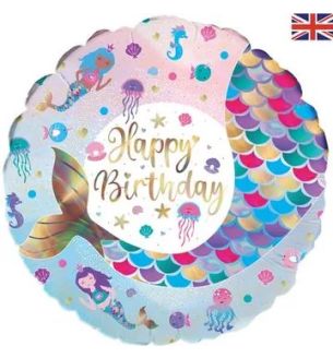 18" Oaktree Shimmering Mermaid Happy Birthday Iridescent Foil Balloon