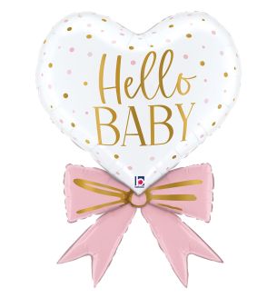 30" Hello Baby Pink Heart Bow Foil Balloon