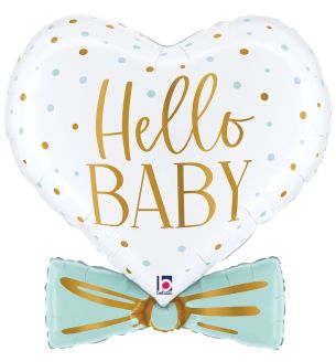 30" Hello Baby Blue Heart Bow Tie Balloon