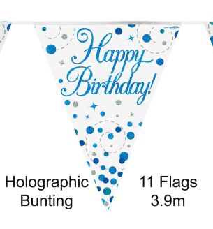3.9m Oaktree Happy Birthday Blue Holographic Bunting